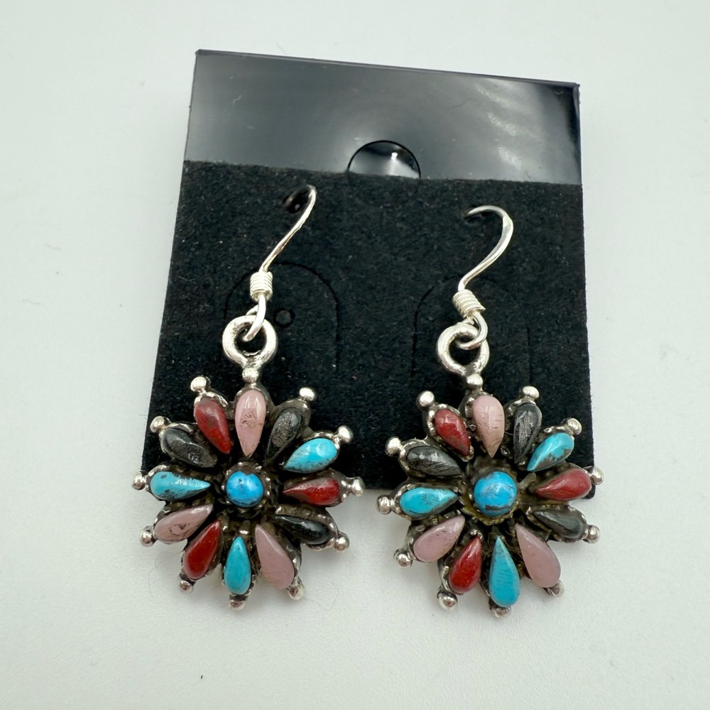 Needlepoint Flower Multicolor Turquoise Drop Sterling Earrings